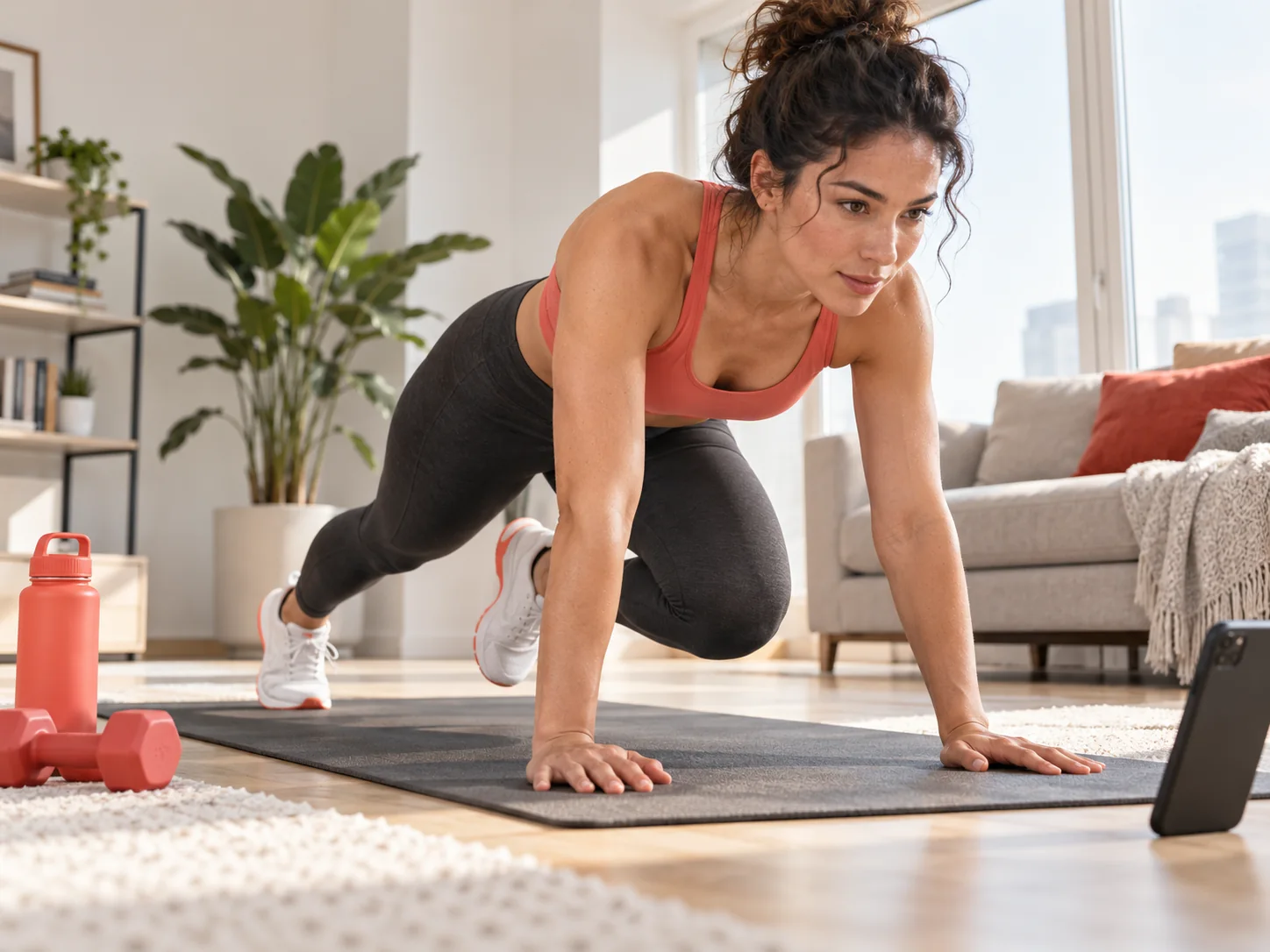 Athlete following a guided home workout
